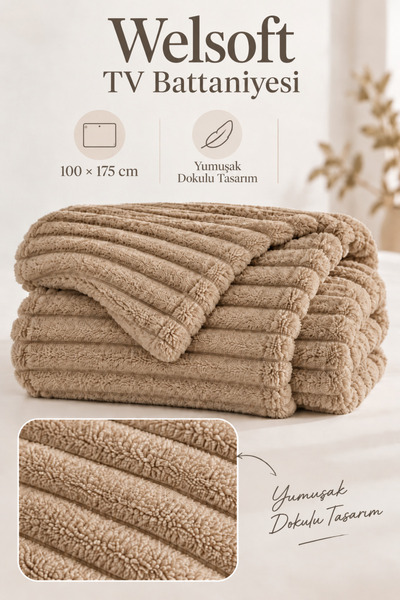 Rebeka Home Collection Doğa - Welsoft Peluş Çizgili TV Battaniyesi 100x175cm