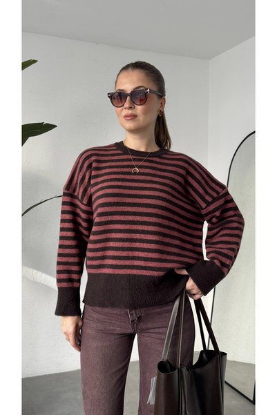 asfamoda Women's Burgundy Striped Crew Neck Knitwear Sweater Low Shoulder Ove...