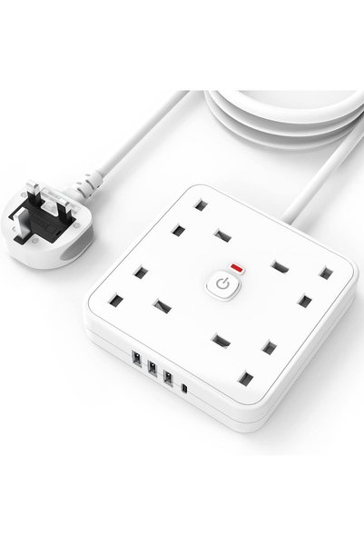 Generic 3 Mters 4 Way Extension Lead with 4 USB Slots (1 USB-C + 3 USB-A), Wh...