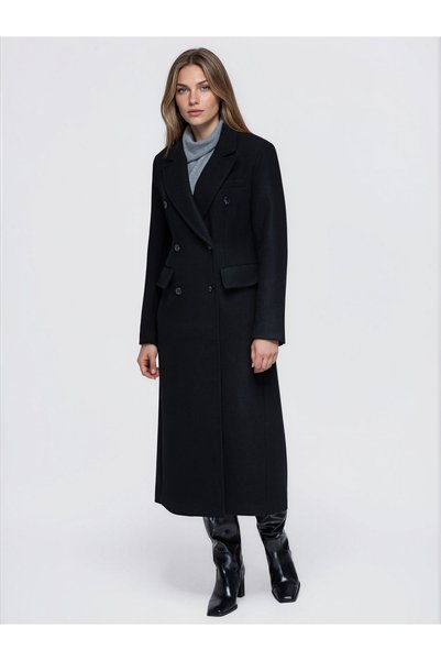 OMBRE Damen-Midimantel, Doppelreihig, Breite Revers, Pattentaschen, Wollmisch...