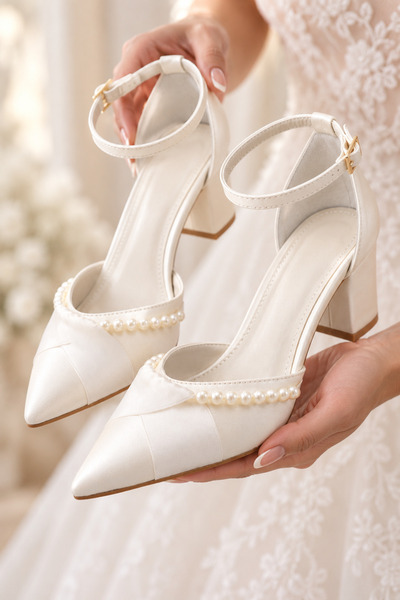 FOLLOWIN Pearl Grace Women's Pearl and Satin Ribbon Detailed Thick Heeled Eve...