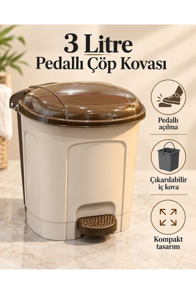 3 Litre Pedallı Çöp Kovası – Çıkarılabilir İç Kovalı, Krem Kahverengi, Banyo ve Ofis İçin