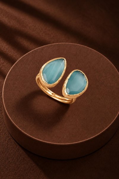 New Obsessions Cat's Eye Bean-Shaped Double Ring Ring - 10X14Mm