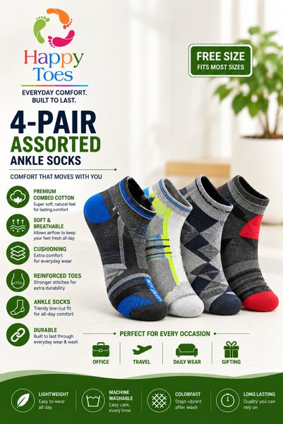 HAPPY TOES 4 Pair Ankle Socks Soft Cotton Terry Cushion Breathable Antibacter...