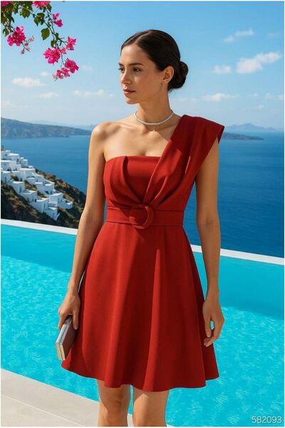Şeker Portakalım Scuba Strapless Belted Evening Dress Mini Fabric Stretchy Dress