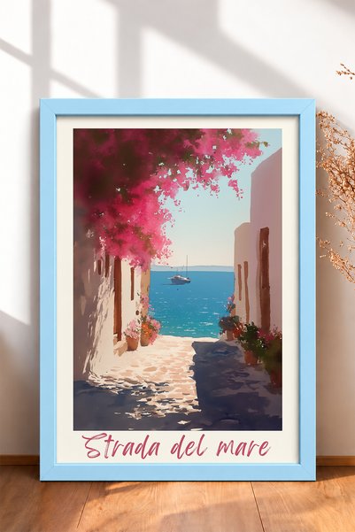 HOMEPACK Strada del Mare Napisana ulica Bougainvillea Uramljena slika Italija...