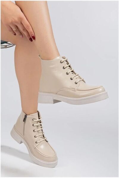 Şeker Portakalım Women's Stable Patent Leather Wrinkled Zippered Lace-Up Boots