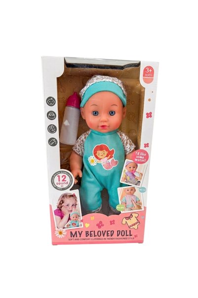 CWT Boy doll, green overalls, 30 cm with bottle, pees, 10 sounds, 3 years+