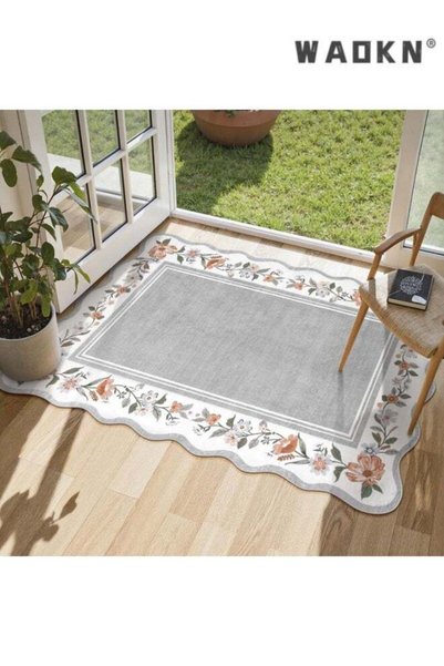 Generic Brand WAOKN Floral Rug, grey Kitchen Rugs Ultra-Thin Washable Scallop...