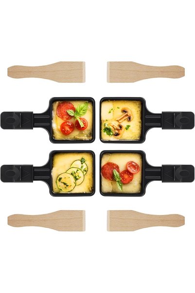 Generic Non-Stick Raclette Grill Pans 4 Pcs, 2 Mini Cheese Pans + 2 Wooden Sp...