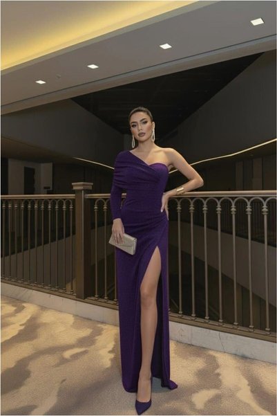 Şeker Portakalım One Shoulder Slit Evening Dress