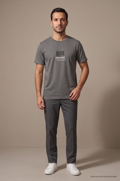 Maccali Tricou pentru bărbați, gri închis, cu imprimeu Fun Holiday, cu gâtul ...