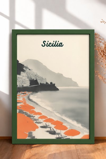 HOMEPACK Orange Umbrellas on the Coast of Sicily Framed Painting Italy Poster...