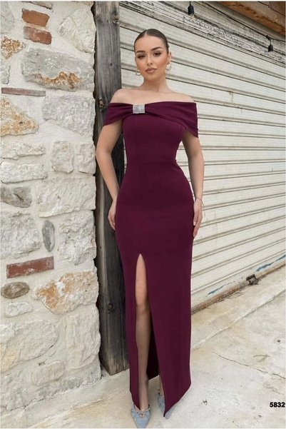 Şeker Portakalım Strapless Evening Dress with Detailed Slit and Stone Embelli...