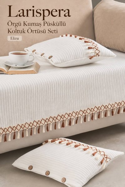 Larispera Örgü Kumaş Püsküllü Koltuk Örtüsü 1 Adet 90x200 cm Koltuk Örtüsü + ...