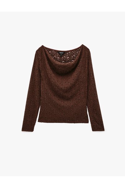 Koton Degaje Collar Lace T-Shirt Semi-Transparent Slim Fit Long Sleeve