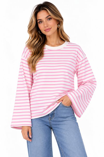 Selay Accessory بلوزة نسائية بيضاء وردية مخططة بياقة دائرية وأكمام إسبانية