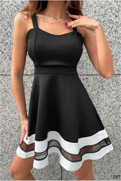 Şeker Portakalım Stretchy Tulle Evening Dress Fabric Collar Square Strap Dress