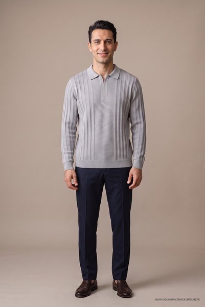Maccali Gray Men's Honeycomb Patterned Polo Collar Knit Sweater with Hidden Z...