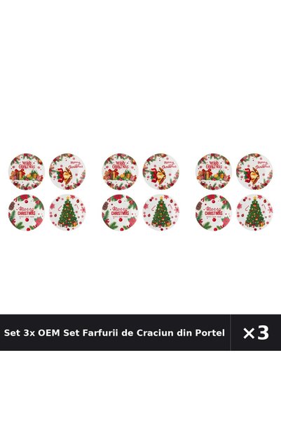 OEM Set 3x Set Farfurii de Craciun din Portelan cu Modele "Merry Christmas" p...