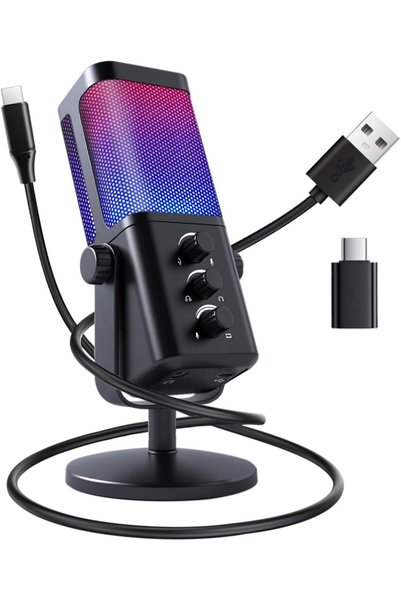 Generic ميكروفون USB للكمبيوتر، ميكروفون ألعاب RGB مع زر كتم الصوت، تحكم في م...