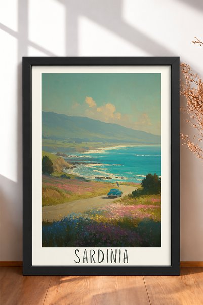 HOMEPACK Sardinia Coast Road and Classic Car Framed Art Print Italy Poster Li...