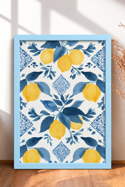 HOMEPACK Blue Leafy Lemon Pattern on White Background Framed Painting Italy P...