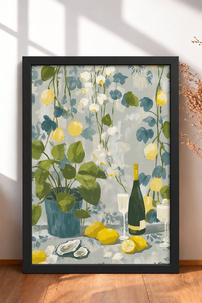 HOMEPACK Lemon Vines and Oysters Table Setting Framed Painting Italy Poster W...