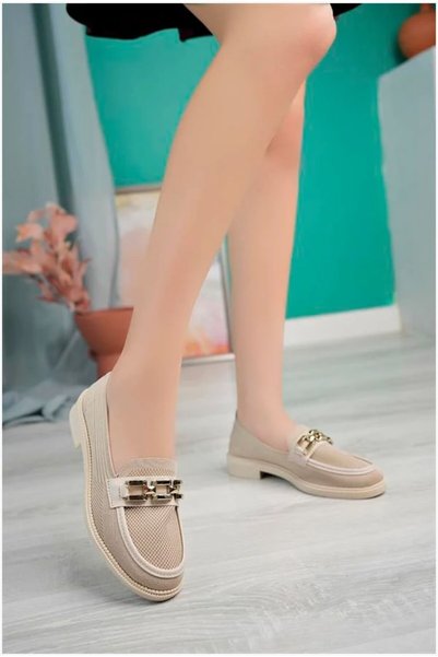 Şeker Portakalım Women's Pu Chain Textile Leather Thick Buckle Heeled Sole Lo...
