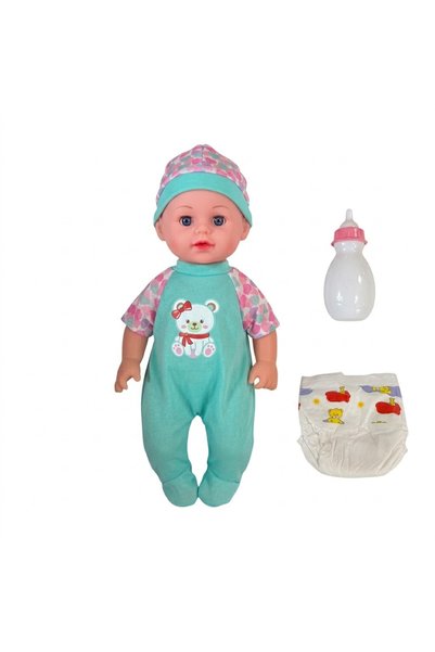 CWT 32 cm baby doll in green overalls, with bottle, diaper, pees, movable joi...