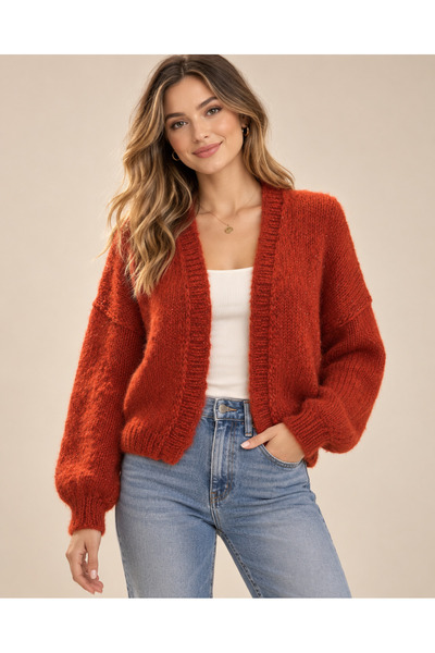 Talinhandmade Red V-Neck Women's Cardigan, Hand-Knitted Mohair Wool, Oversize...