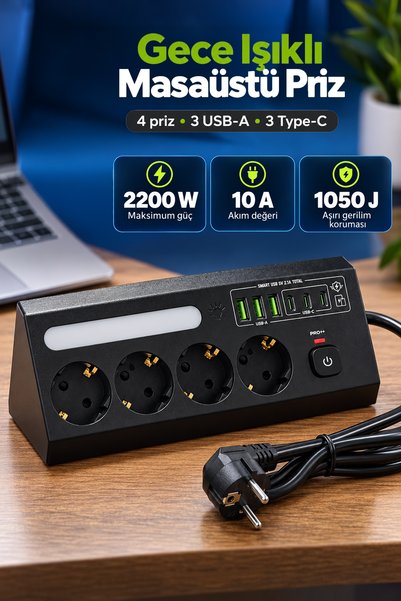 mimtec Akıllı Masaüstü Priz - 2200W Akım Korumalı USB-A Type-C Çıkışlı 4 Soke...