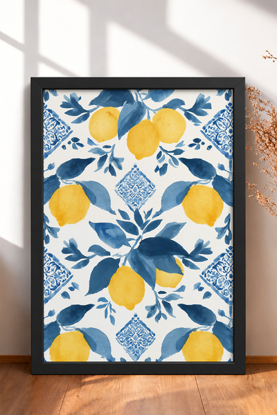 HOMEPACK Blue Leafy Lemon Pattern on White Background Framed Painting Italy P...
