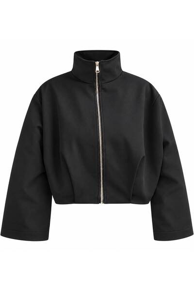 Genel Markalar Kadın Oversize Bomber Ceket Siyah – Dik Yaka, Tam Fermuarlı, G...