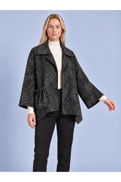 Bold & Young Women's Black Patterned Single-Pocket Asymmetrical Velvet Jacket