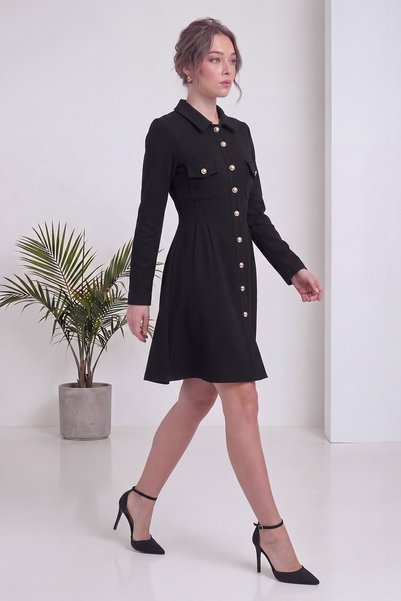 zks grup tekstil Rochie tip cămașă cu guler de cămașă, nasturi aurii, pentru femei, negru, ecru, maro