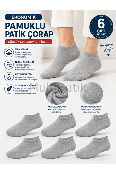 MultiButik Ekonomične pamučne obične čarape za čizme – 6 pari – sive