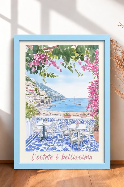HOMEPACK Begonvilli Terrace and Sea View Framed Painting Italy Poster Living ...