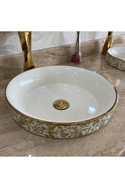 Generic حوض غسيل سيراميك دائري 40×40×11 سم (بنقش ذهبي)