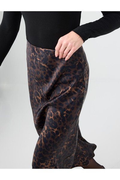 Jimmy Key Brown Zebra Patterned Straight Cut Satin Midi Skirt