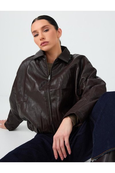 Jimmy Key Bitter Brown Shirt Collar Zippered Leather Look Jacket