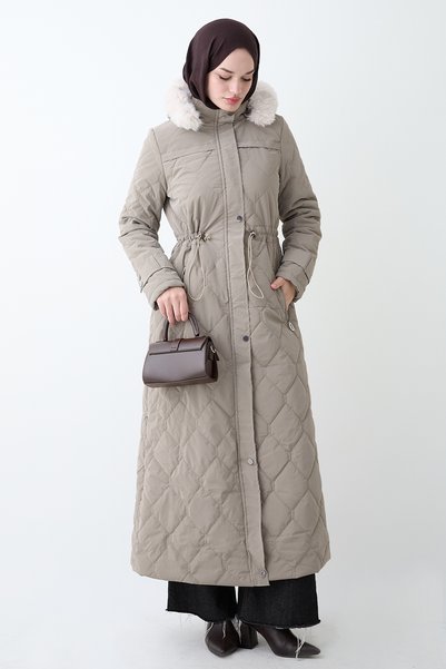 InStyle Drawstring Hooded Long Mink Quilted Coat