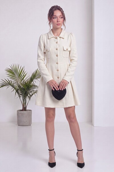 zks grup tekstil Women's Shirt Collar Gold Buttoned Long Sleeve Mini Dress Bl...