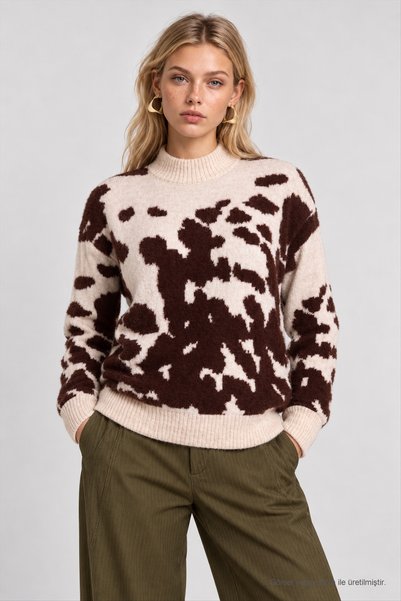 Lovelyİstanbul Patterned Oversize Soft Sweater Lkr0003 Stone Brown