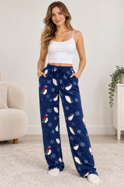 CNR TEKSTİL Women's Navy Blue Penguin and Snowflake Patterned Fleece Pajama B...