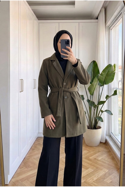 Kirazca Butik Women's double-breasted blazer with belted waist and stamped de...