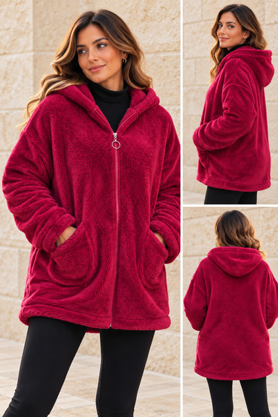 AGORATEKSTİL Women's Plush Plus Size Welsoft Zippered Double Pocket Jacket 42-50