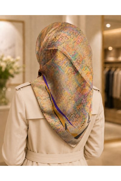 Aker Nostalji Sura Pure Silk Scarf 8973701 331 Beige Gold Batik Pattern