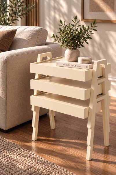 Lisso Home Tafo 3'lü Tepsi Zigon Sehpa Krem Desen İç İçe Geçme 50x35 Tabla