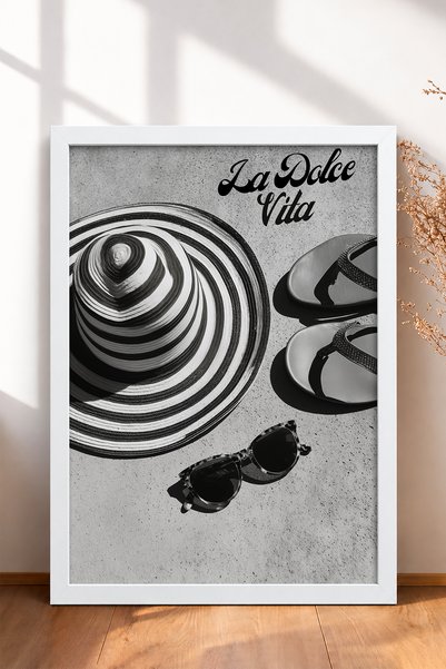 HOMEPACK La Dolce Vita Straw Hat and Slippers Framed Painting Italy Poster Li...